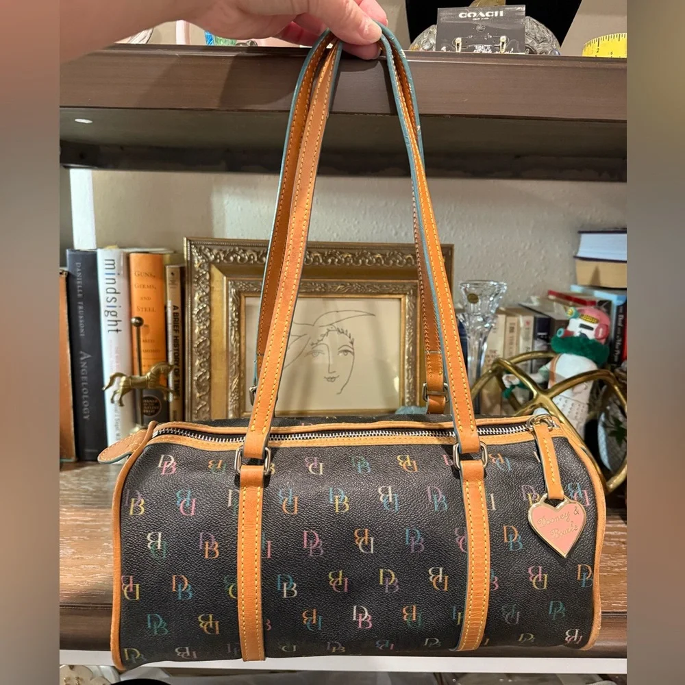 Dooney & Bourke Black Multicolor Logo Barrel Satchel with Tan Trim